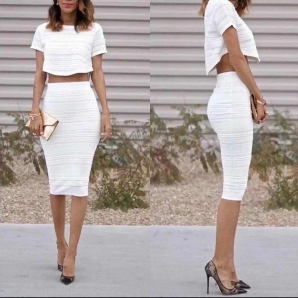 Torn by Ronny Kobo Pointelle Knit Bodycon Pencil Midi Skirt Ivory Size Medium - Picture 2 of 8